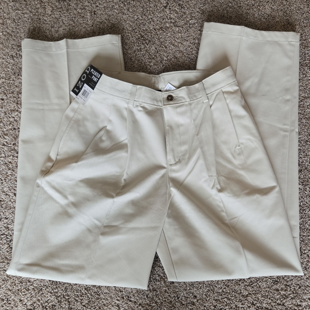 IZOD Pleated Chino Pants Cement Boys Size 20 Reg Uniform Cotton Adjustable